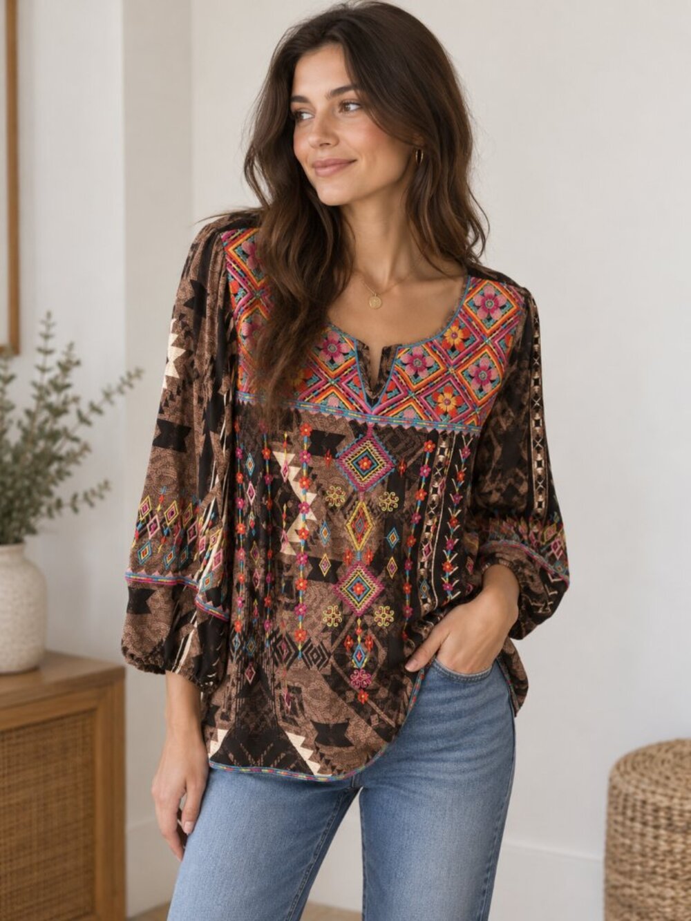 Savannah Jane Embroidered Aztec Print Blouse